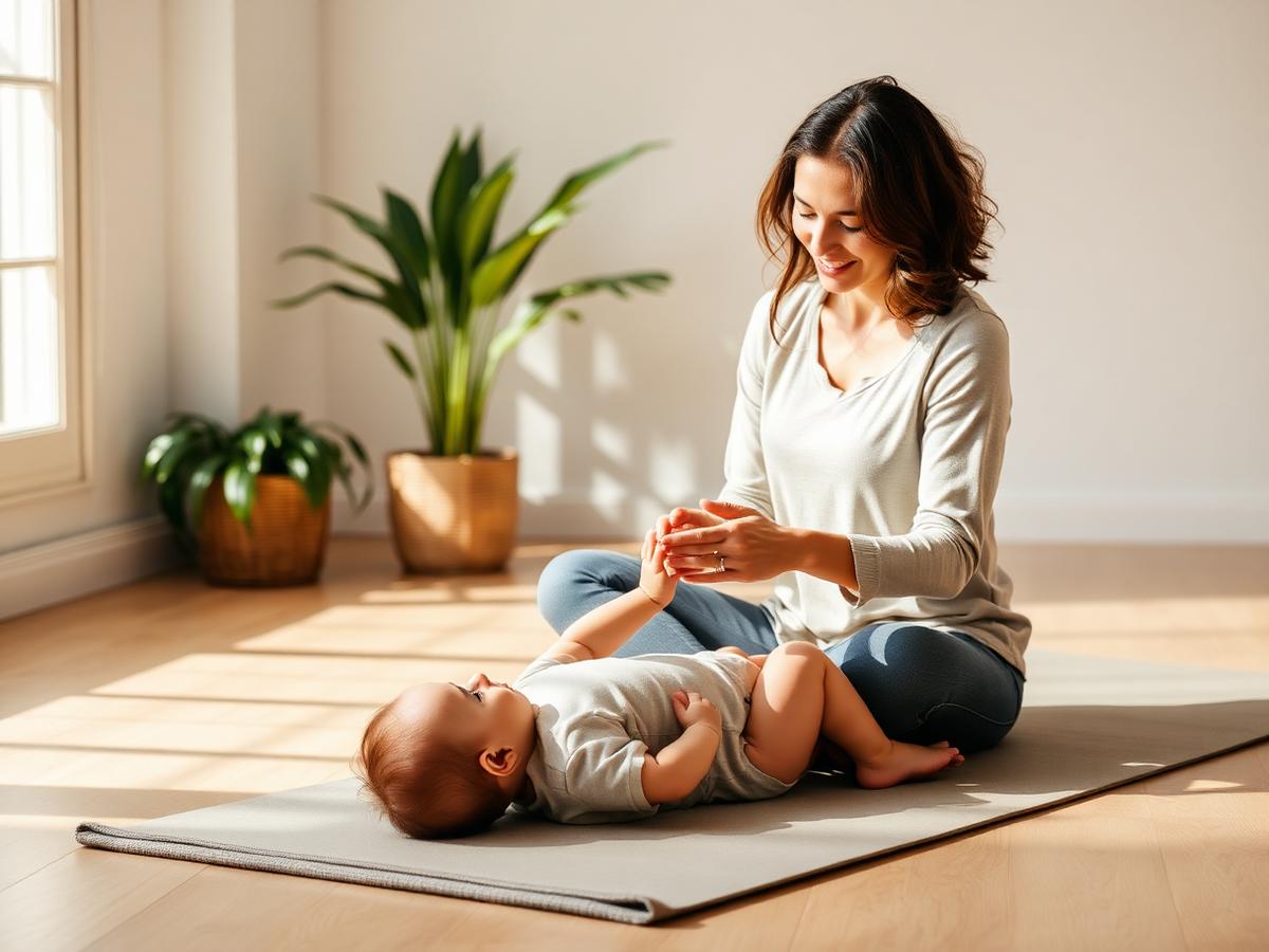 A mother sitting on a yoga mat, gently holding her baby's hands in a calm studio space